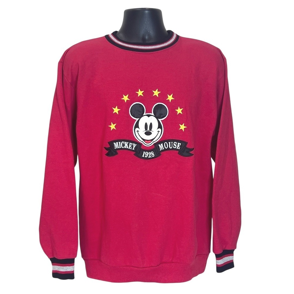 Vintage Mickey‎ & Co Mickey Mouse 1928 Crewneck Sweatshirt Red Striped Collar LG